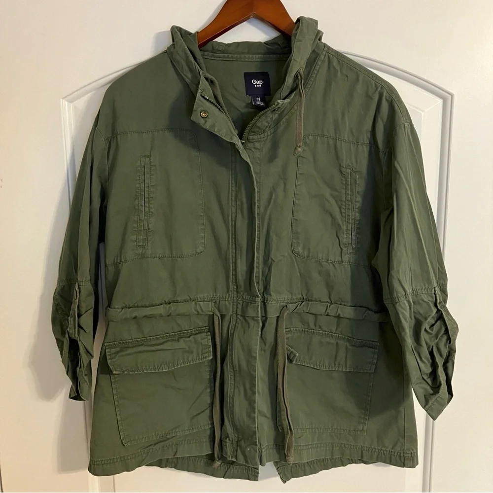 Gap Women's Utility Jacket Olive Baby Tweed Size Small 3/4 Sleeve Full Zip‎